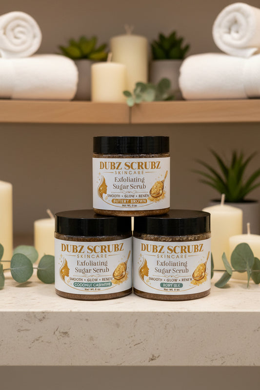 Dubz Scrubz Glow Trio Bundle — three luxury handmade sugar scrub jars stacked together. Coconut Cashmere, Buttery Brown, and Body Silk by Dubz Scrubz Skincare.