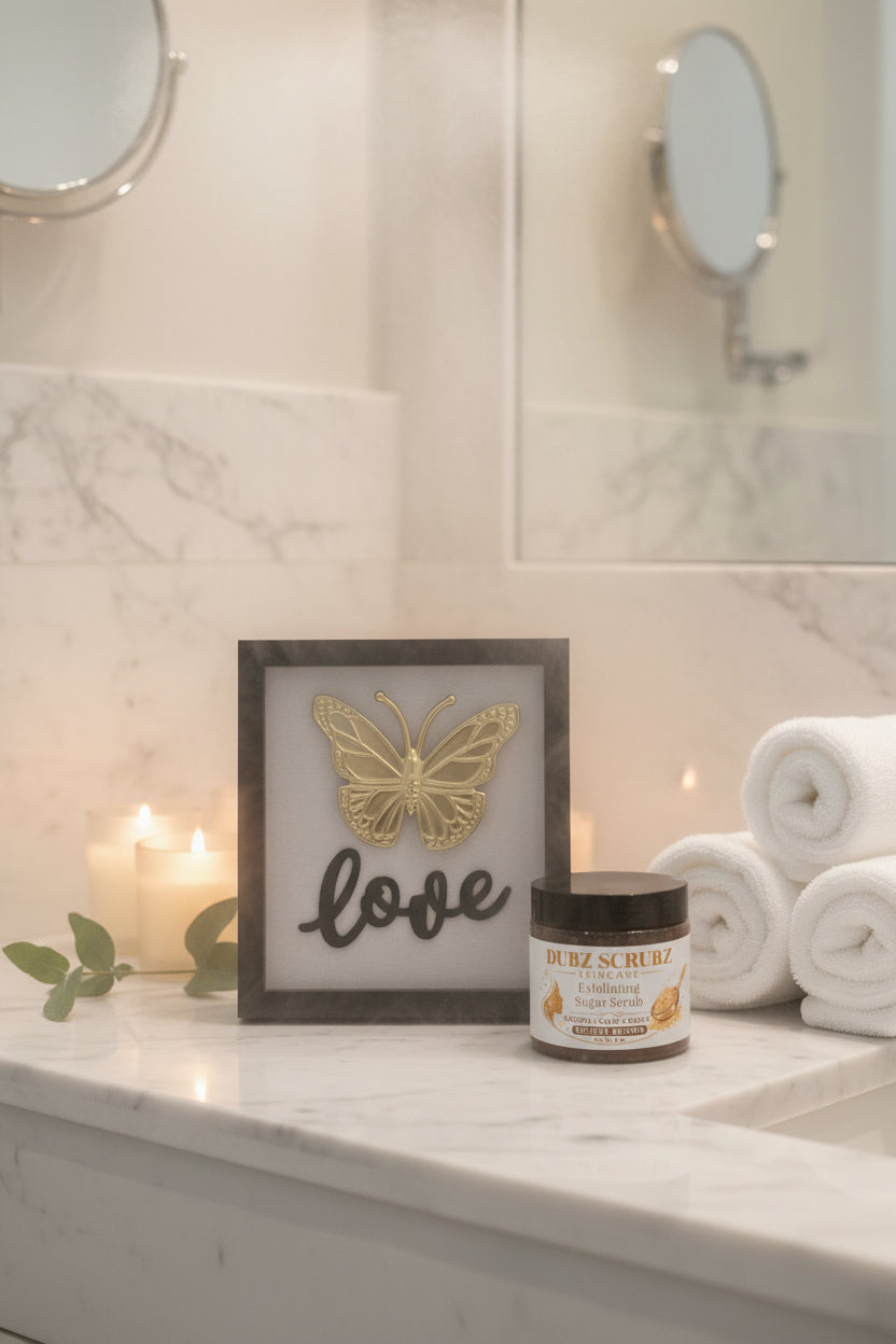 Buttery Brown luxury sugar body scrub jar from the Dubz Scrubz Glow Trio Bundle — rich moisturizing handcrafted skincare that leaves skin buttery soft and glowing.