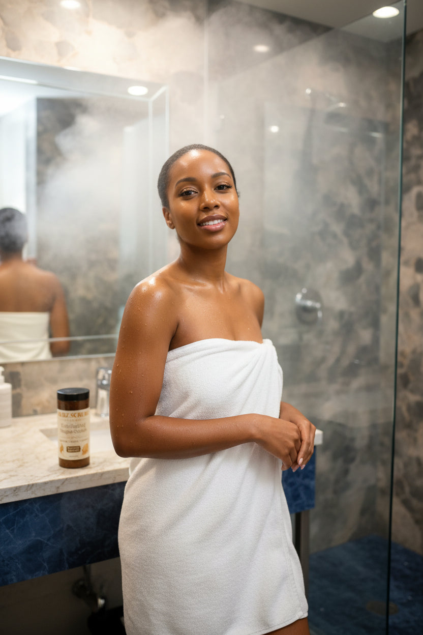 That just stepped out of the shower glow? 🚿✨ Yeah. That's the Dubz Scrubz effect. Smooth. Renewed. Radiating. Every single time. 🤎 Shop link in bio