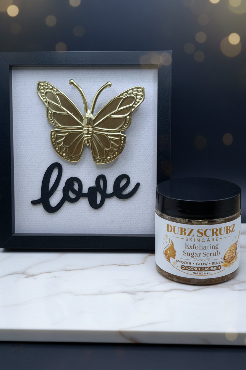 Coconut Cashmere luxury sugar body scrub jar from the Dubz Scrubz Glow Trio Bundle — handcrafted exfoliating skincare for smooth glowing skin.
