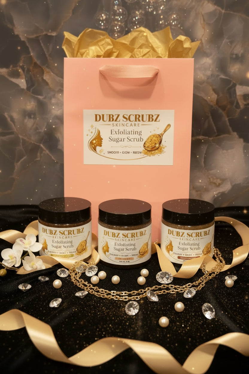 Dubz Scrubz Glow Trio Bundle with pink gift bag — three handcrafted luxury sugar scrubs including Buttery Brown, Coconut Cashmere, and Body Silk—perfect self-care gift set for women.